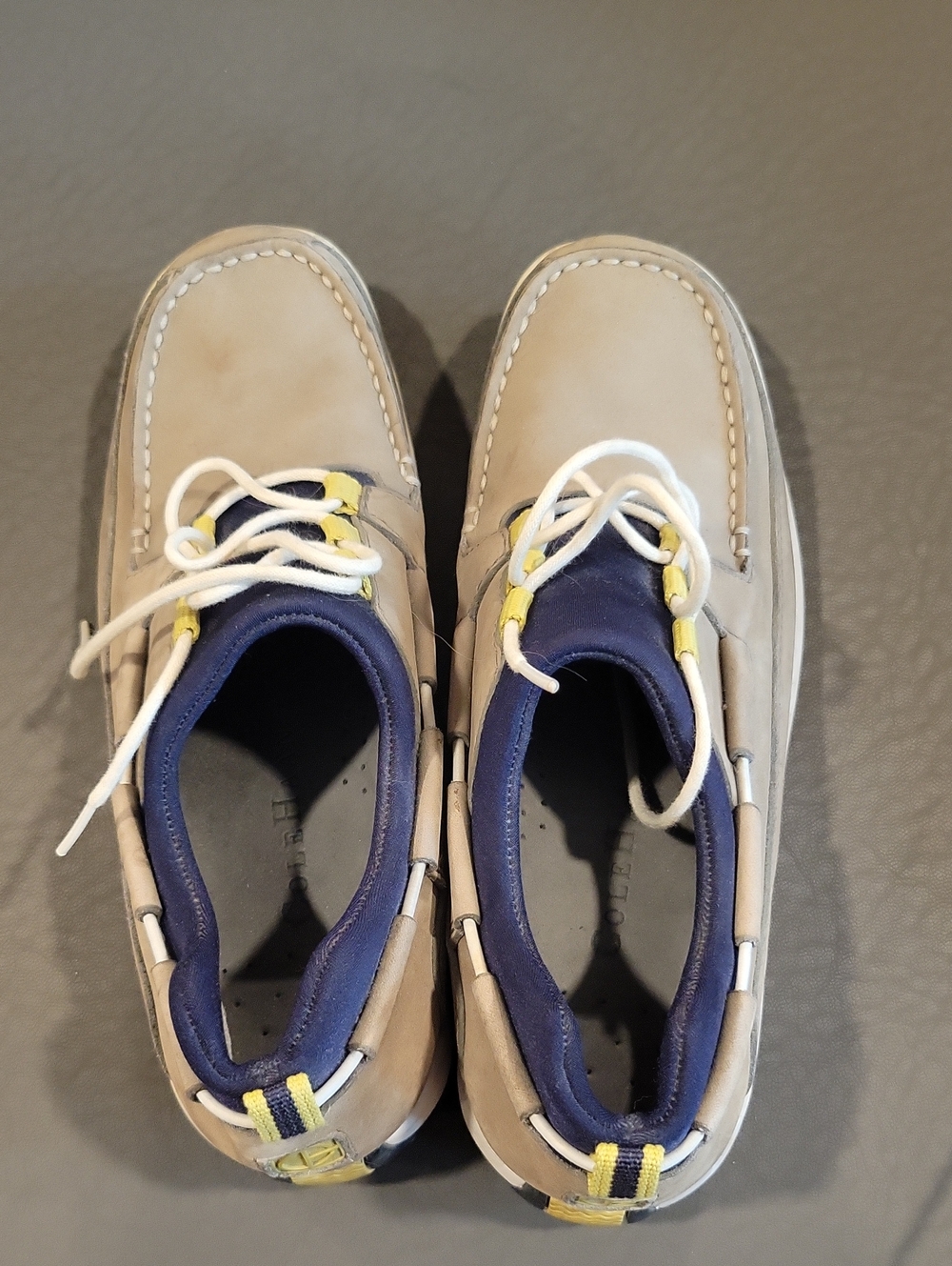 Cole Haan Beige Boat Shoes with Navy and Yellow Accents